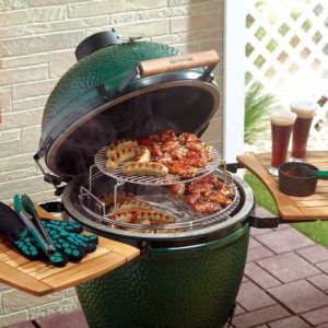 Big Green Egg being used to cook lots of food